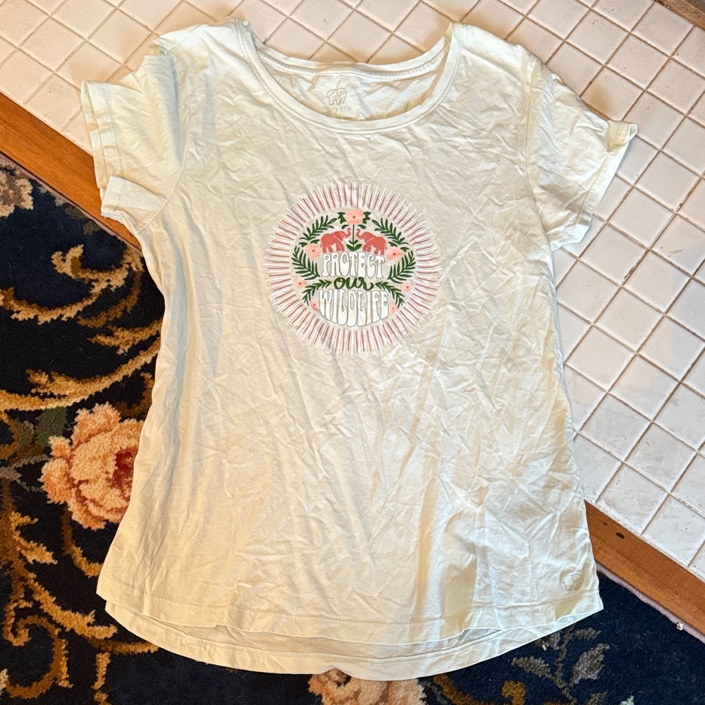 Ivory Ella Cream Graphic Tee with‎ Green and Pink Design